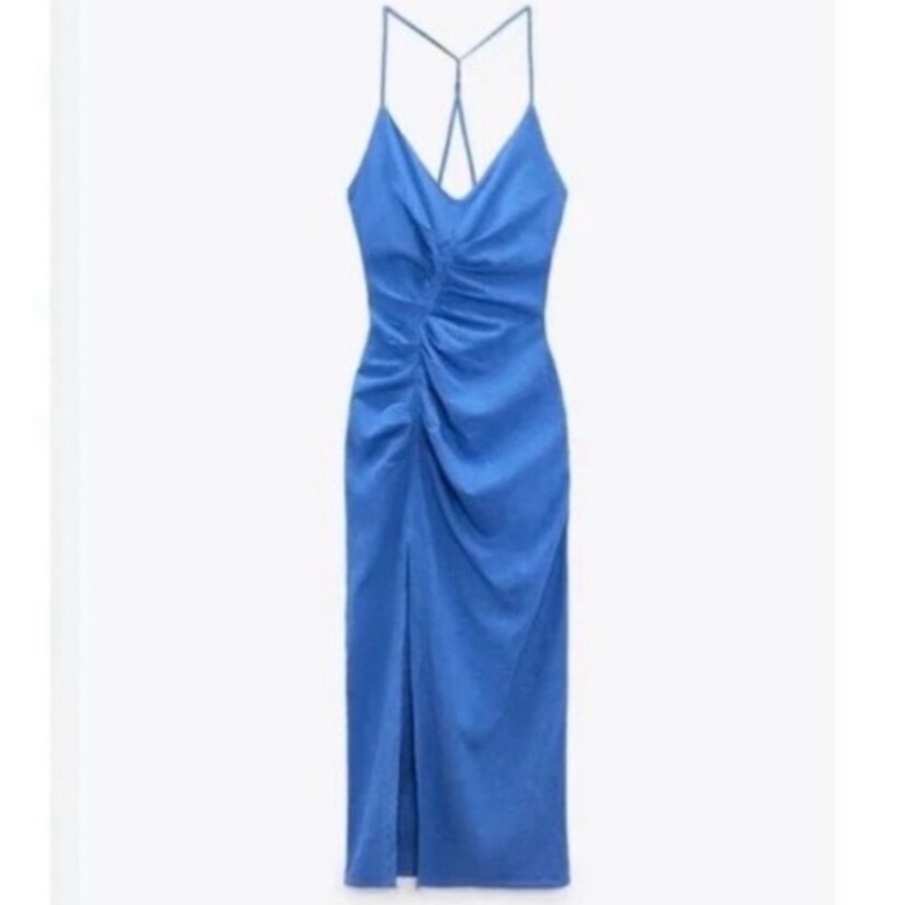 Zara | blue linen blend cross back shirred midi dress